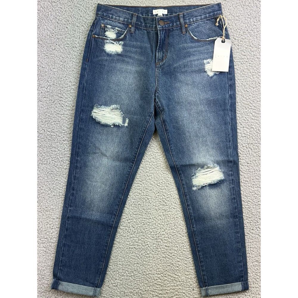 Leith Distressed Women's Boyfriend Blue Jeans Size 30x26 Roll Hem
